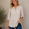 Italian Beige Linen Button-Up Top with Lace Back Detail