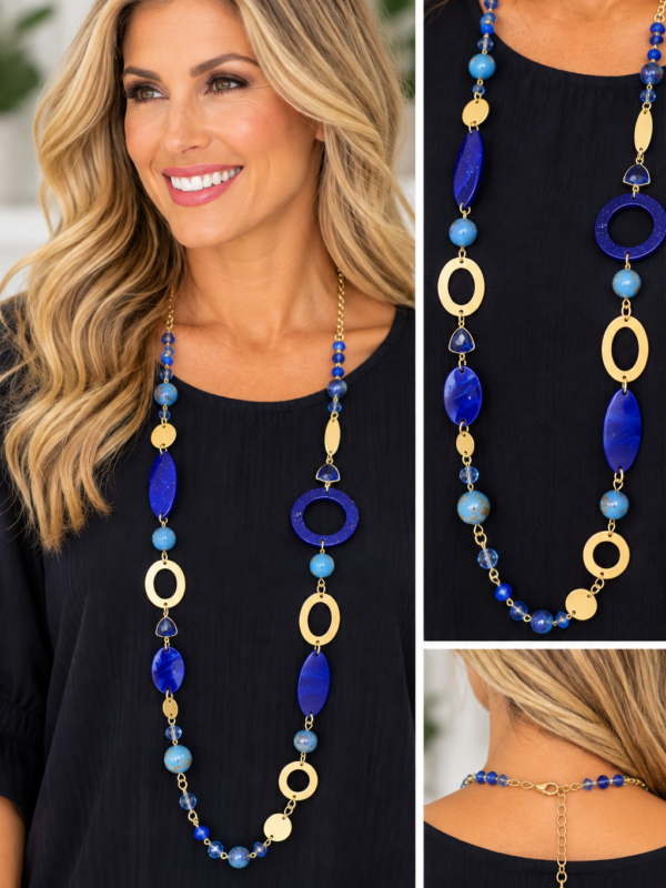 Long Blue and Gold Mixed Media Statement Necklace