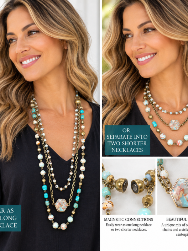 Convertible Magnetic Multi-Strand Necklace – Turquoise & Antique Gold