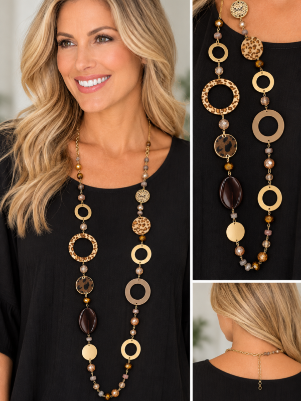 Long Animal Print Mixed Media Statement Necklace
