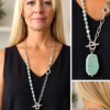 Long Aqua Stone and Silver-Tone Toggle Pendant Necklace