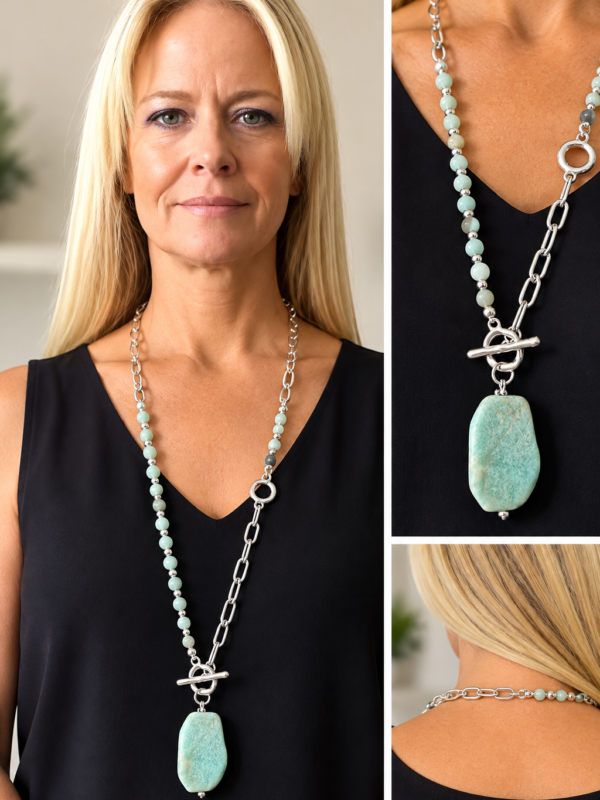 Long Aqua Stone and Silver-Tone Toggle Pendant Necklace