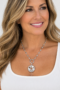 Smiling Model Wearing Heart-Link Silver Necklace Silver-Tone Heart Chain Necklace with Circle Pendant